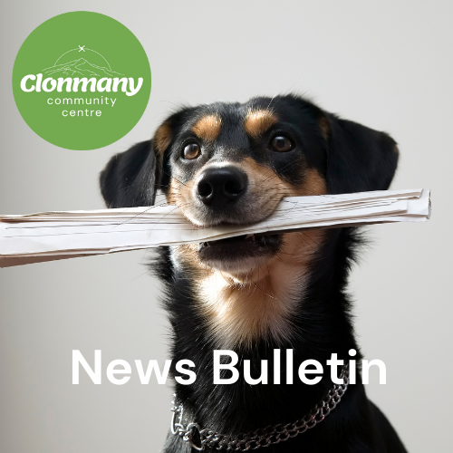 Picture of a Dog holding newspaper for Clonmany Community Centre News Bulletin